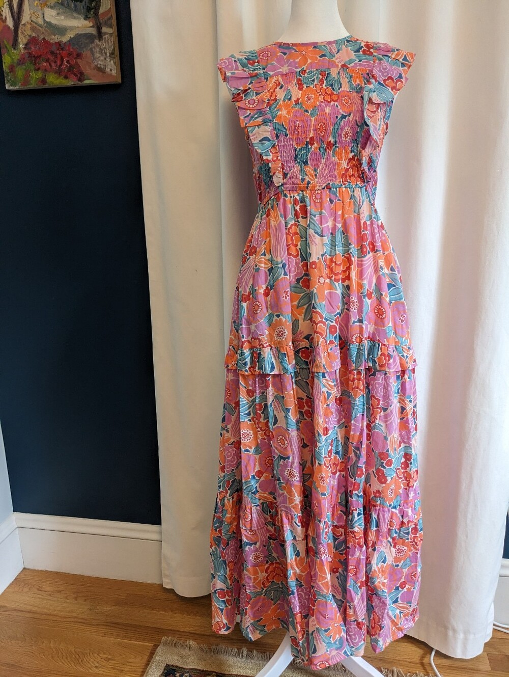 BANJANAN Iris Floral Maxi Dress XS Multicolor Cotton Smocked Pockets Ruffle